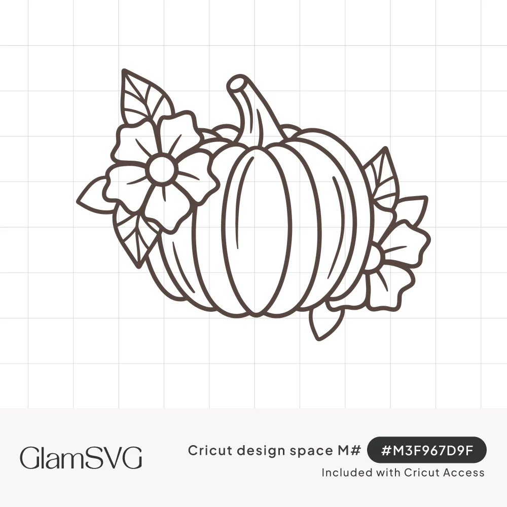 Outline drawing of a ribbed pumpkin with a curved stem framed by large flowers and leaves on each side