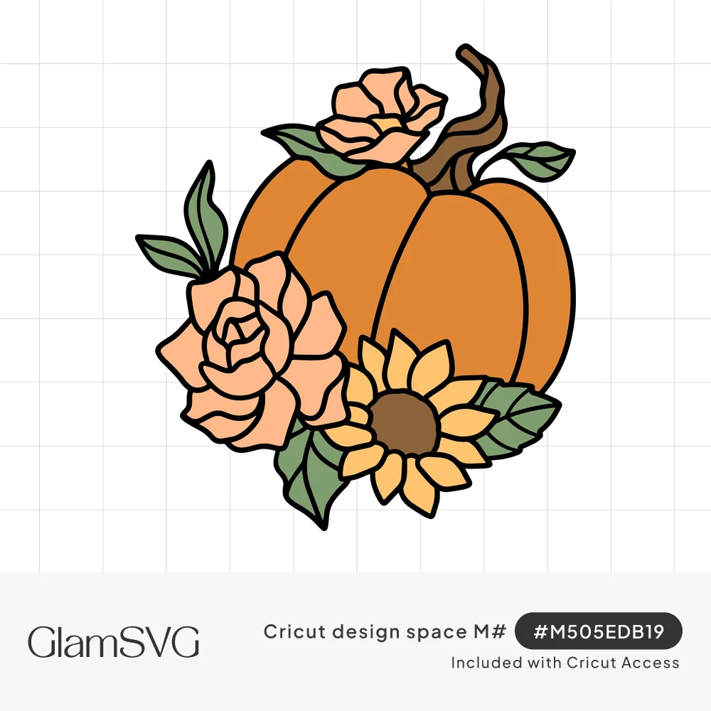 Orange pumpkin with a curly stem surrounded by peach roses, a yellow sunflower and green leaves in bold black outlines