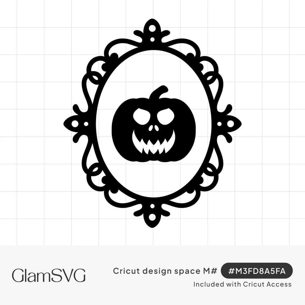 Black silhouette of a grinning jack-o'-lantern inside an ornate oval scrollwork frame
