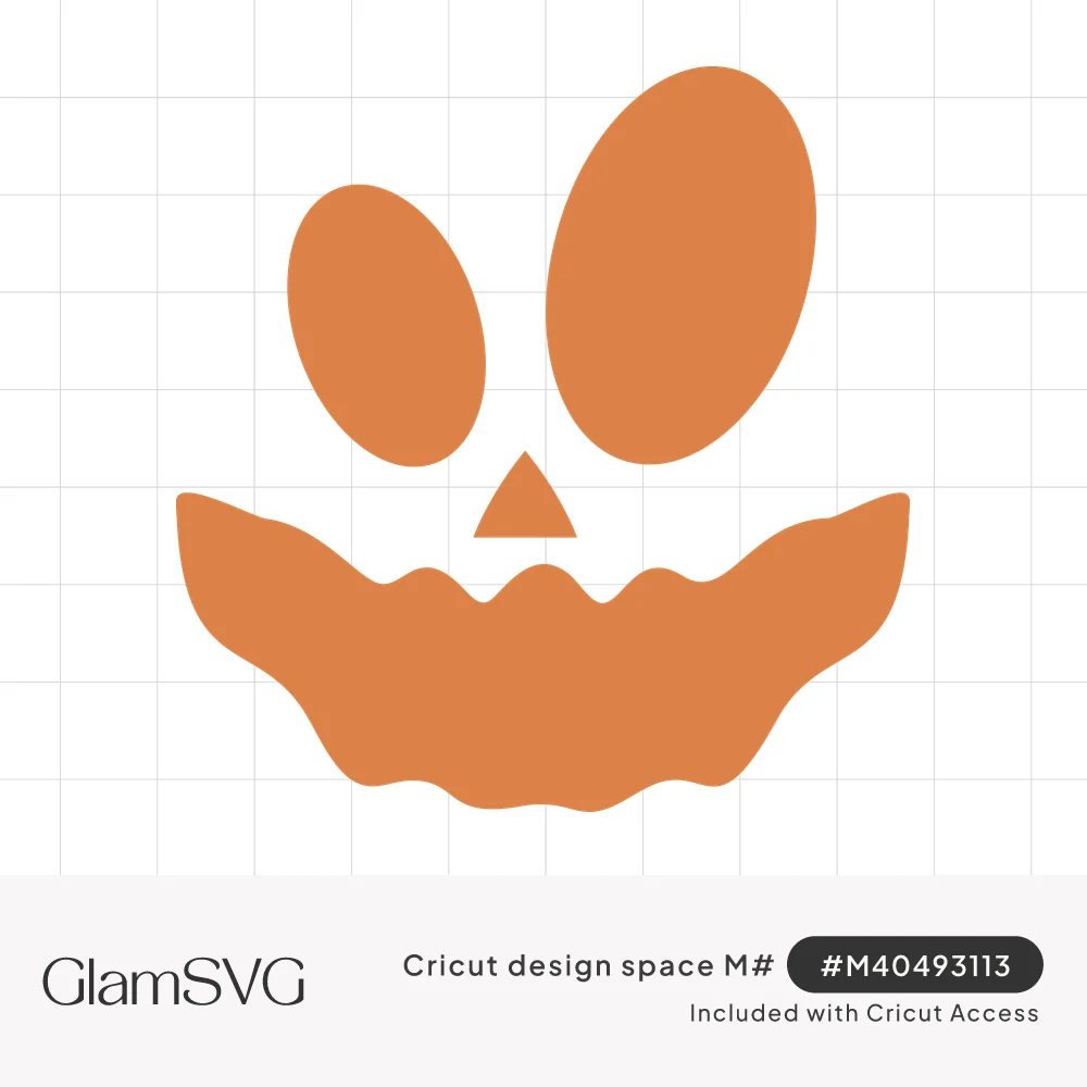 Orange jack-o-lantern face with two uneven oval eyes, a small triangle nose and a wide wavy grinning mouth