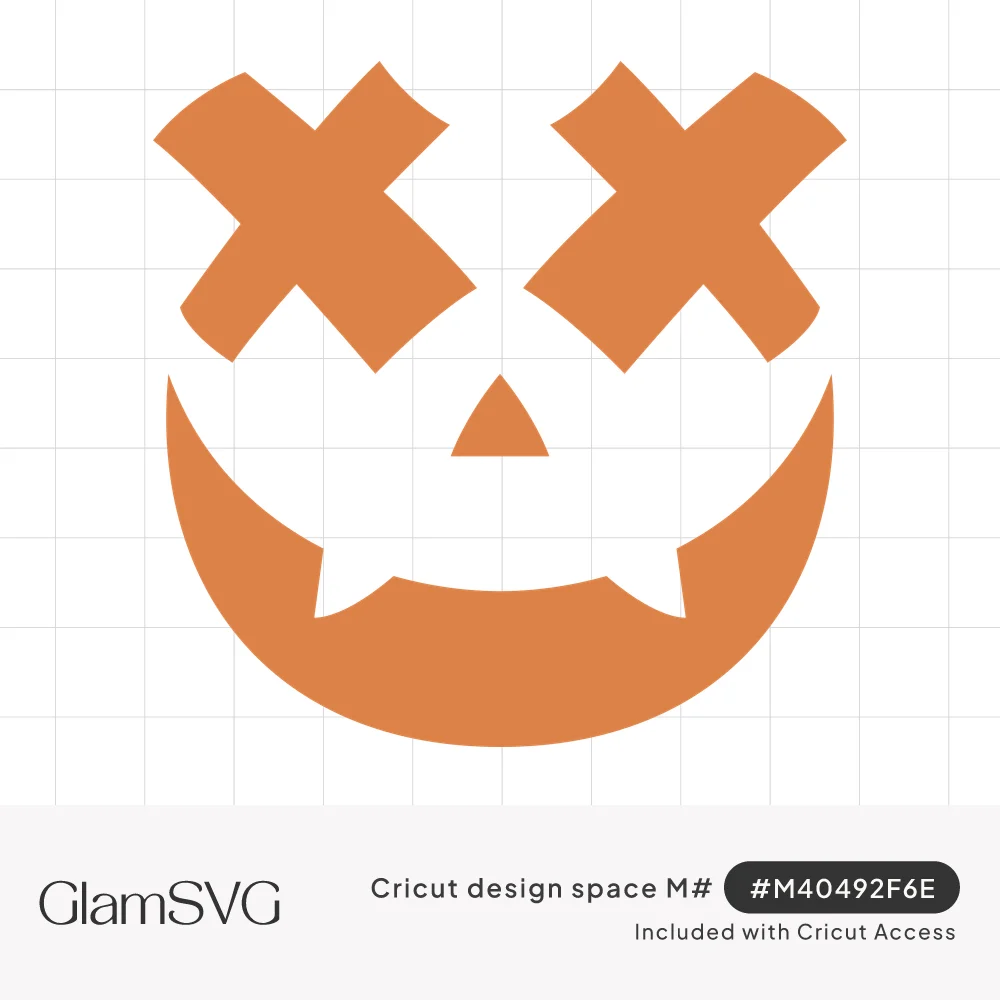 Orange jack-o-lantern face with X-shaped eyes, a small triangle nose and a wide grin with two fangs