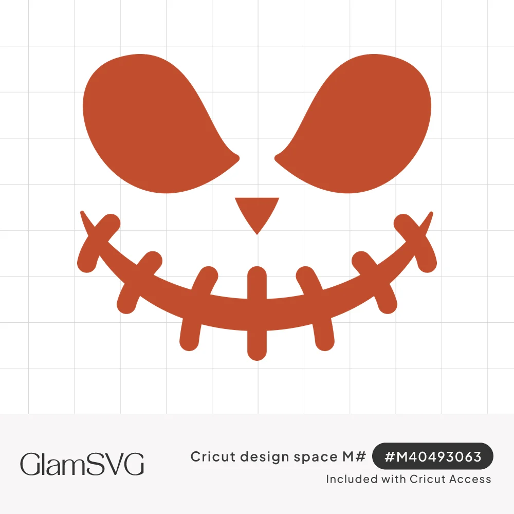 Orange jack-o'-lantern face with teardrop eyes, a small triangle nose and a wide stitched smile