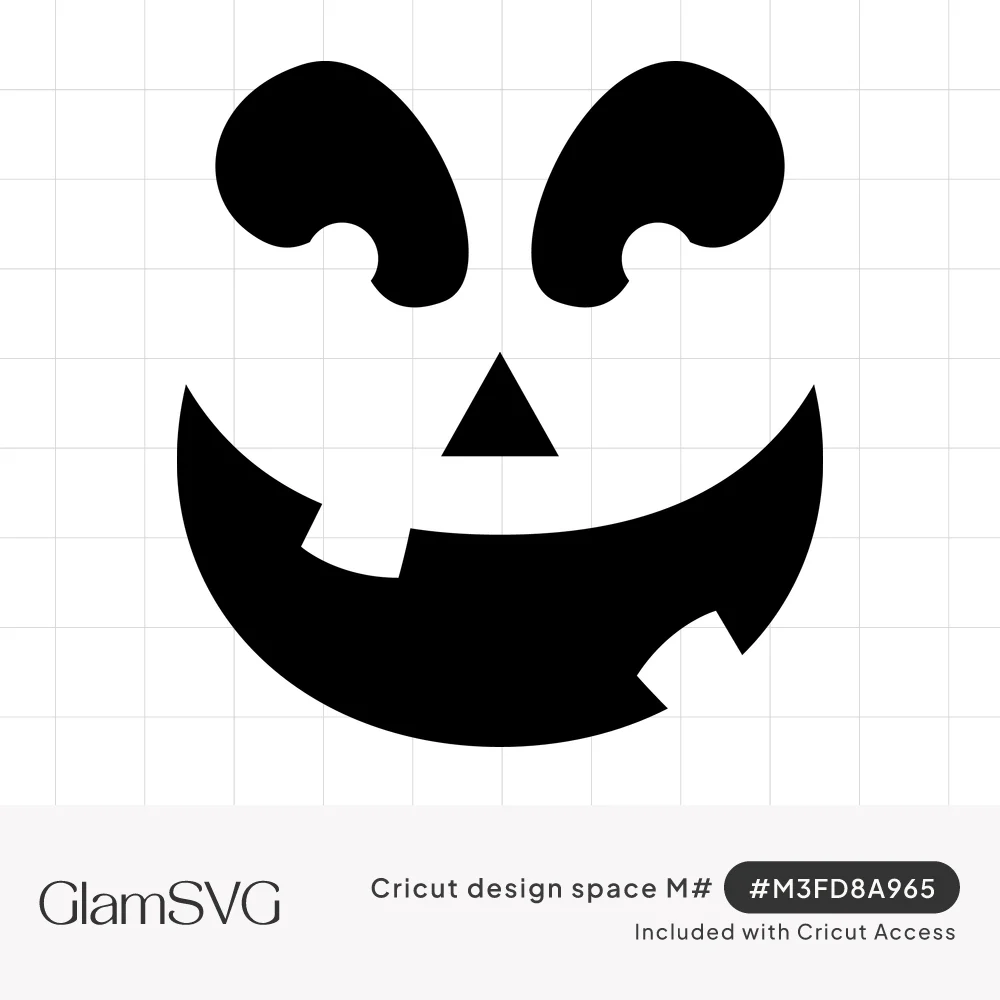 Black jack-o'-lantern face with curled eyes, triangle nose and a wide grin with two square teeth