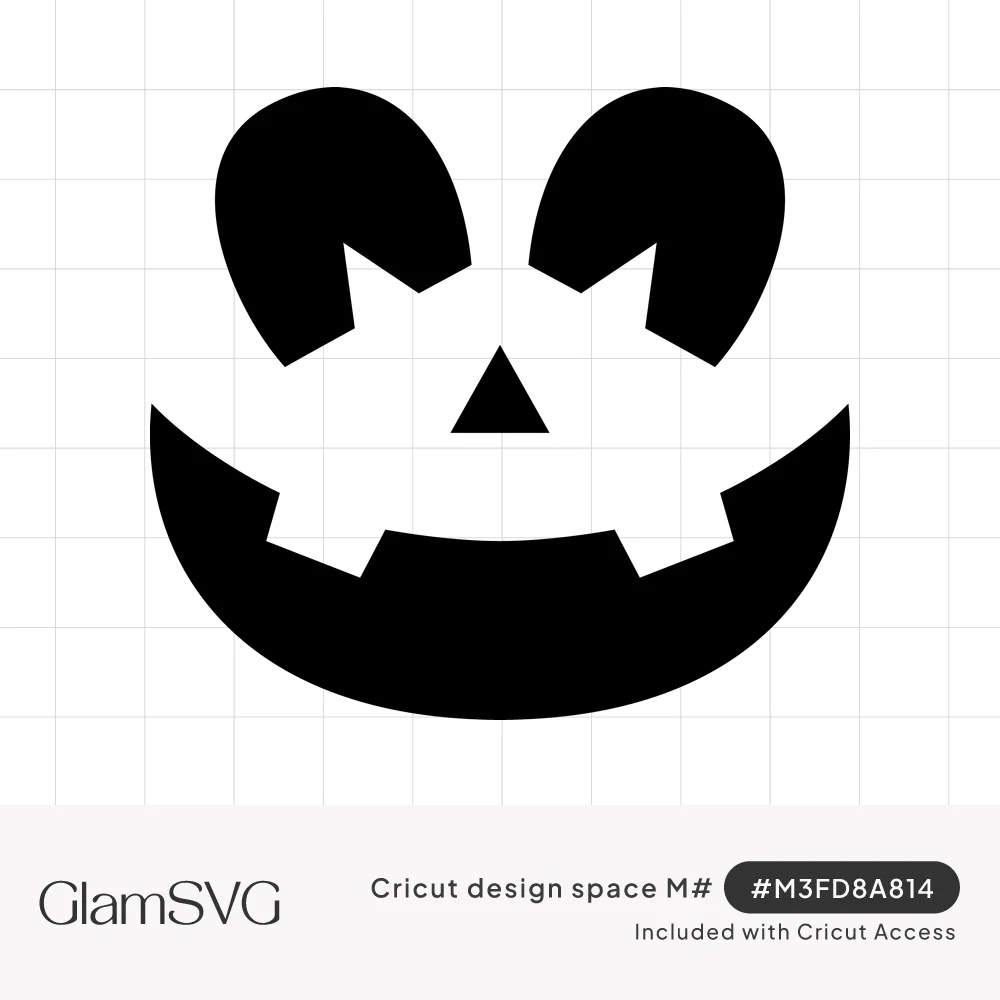Black jack-o'-lantern face with rounded notched eyes, a triangle nose and a wide grin with two square teeth
