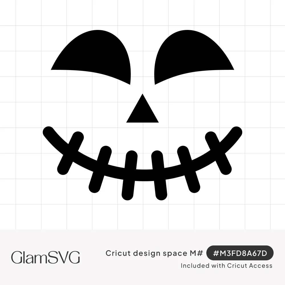 Black jack-o'-lantern face with half-moon eyes, a triangle nose and a curved stitched smile on a white background