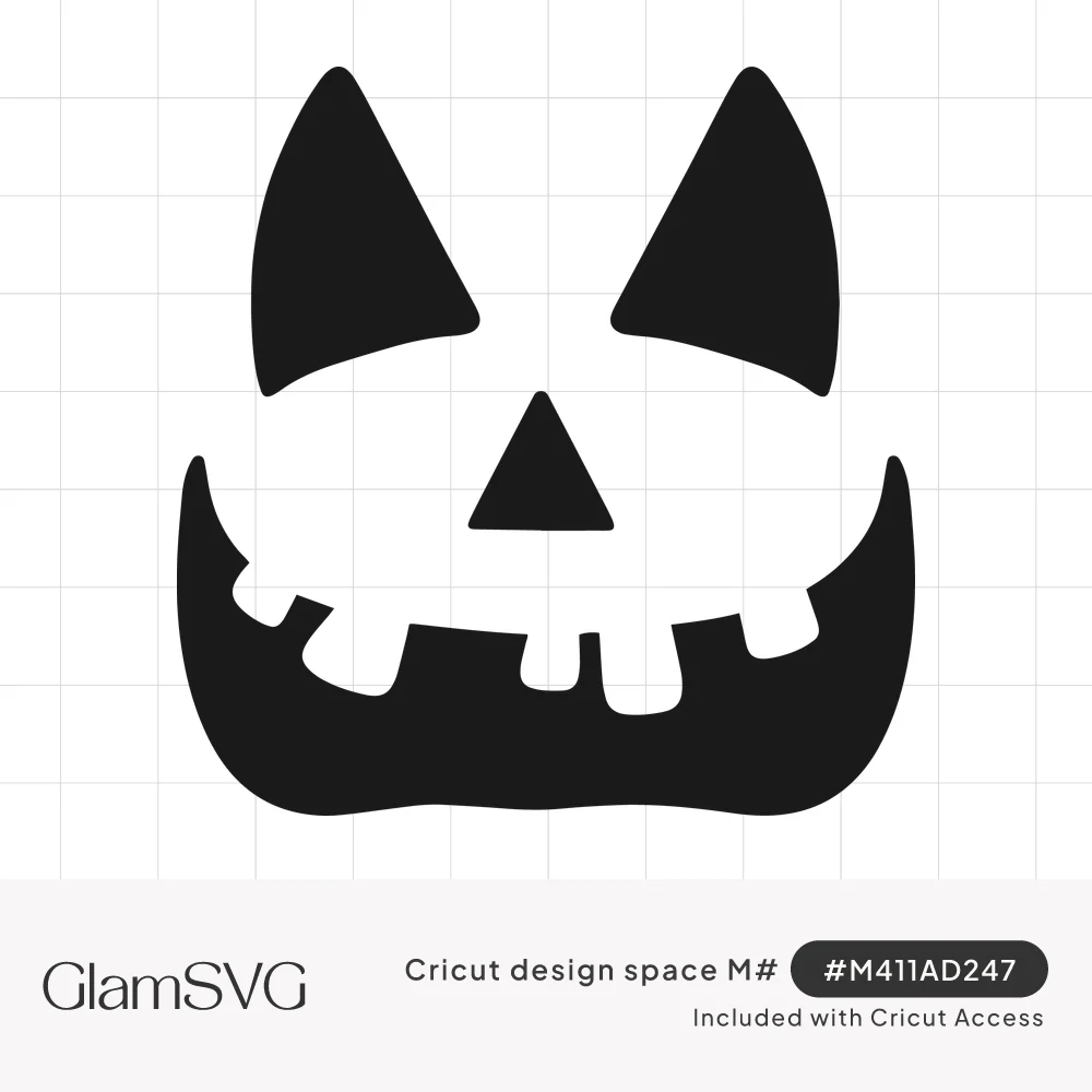 Black jack-o'-lantern face with pointed triangle eyes, triangle nose and a wide grin with crooked square teeth