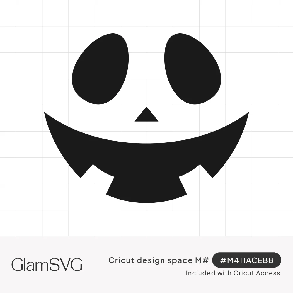 Black jack-o'-lantern face with oval eyes, small triangle nose and wide smile with square teeth
