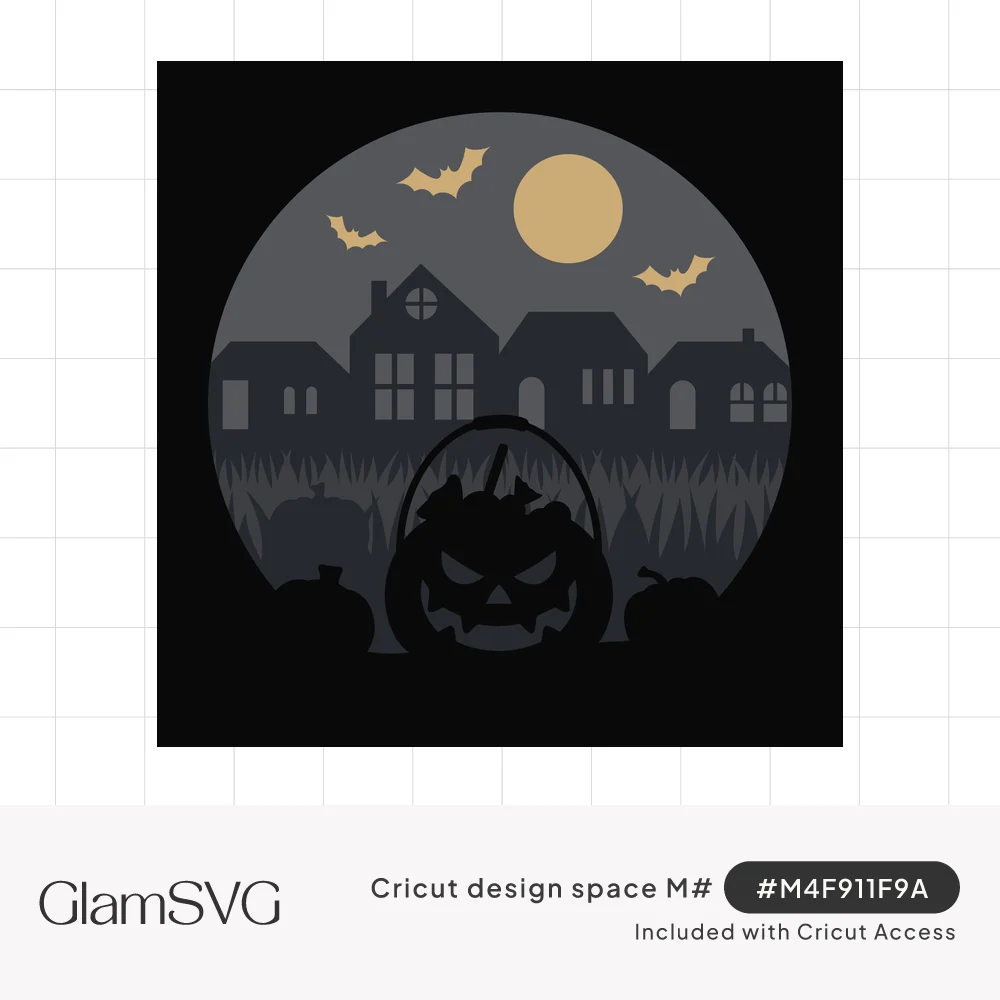 Circular layered Halloween scene with a jack-o-lantern, pumpkins, a row of houses, a gold full moon and three bats