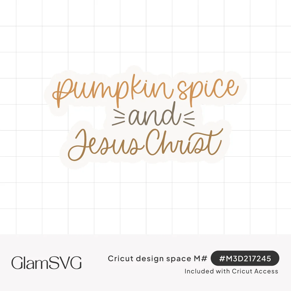 Orange and brown script lettering reading pumpkin spice and Jesus Christ with small dash accents around the word and