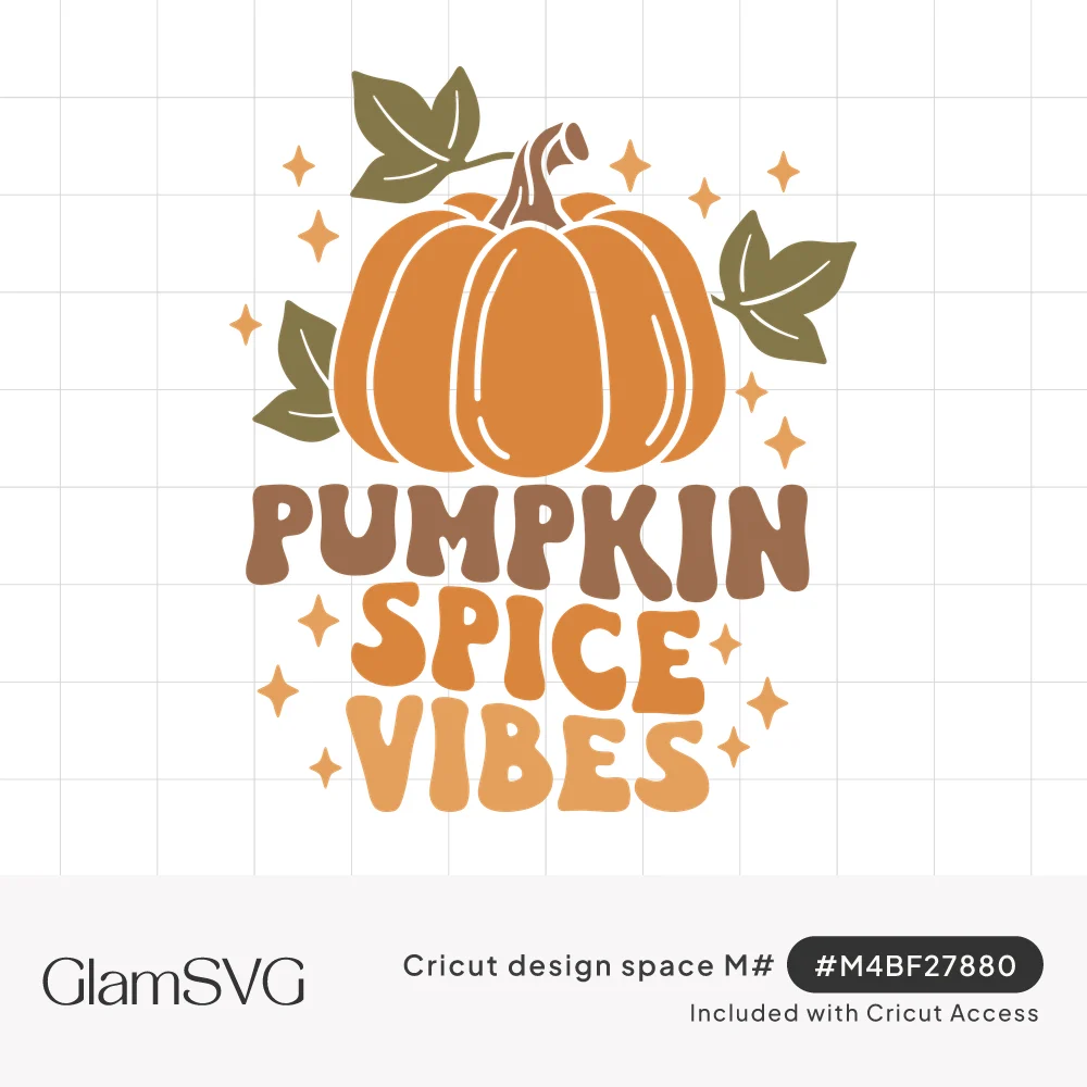 Orange pumpkin with green leaves and sparkles above groovy brown and orange text reading Pumpkin Spice Vibes