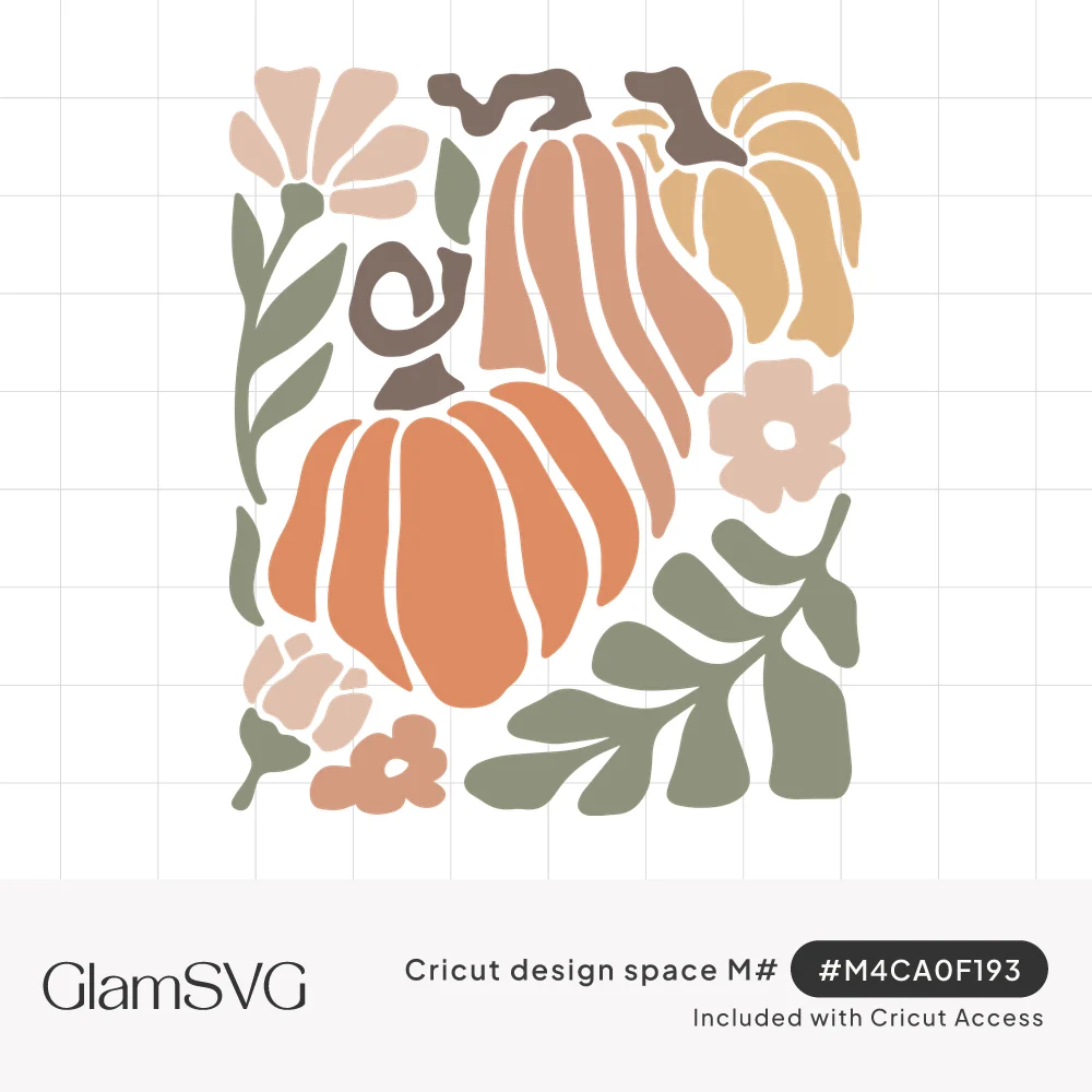 Boho cutout illustration of orange and gold pumpkins with blush flowers and sage green leaves in a rectangular block