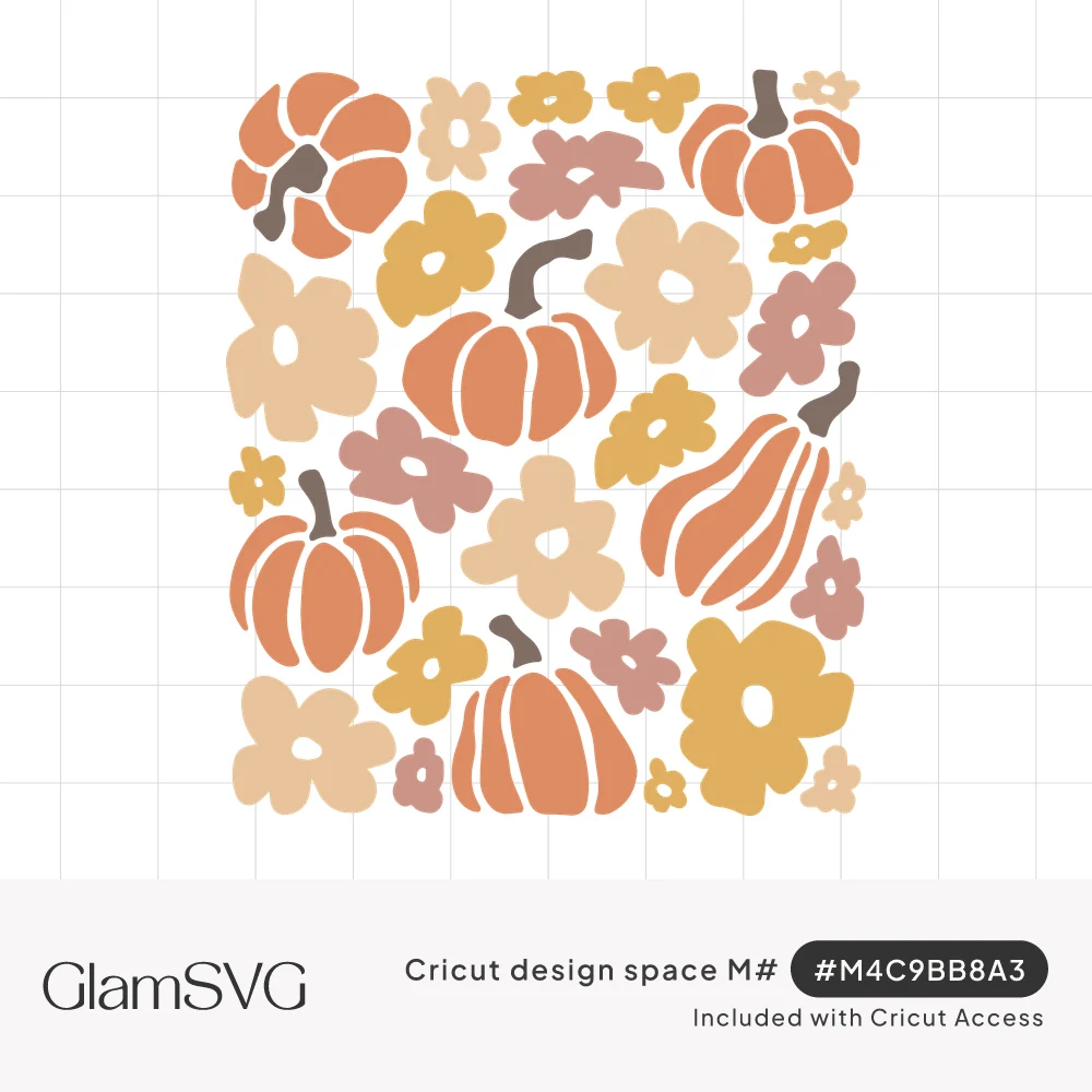 Orange pumpkins and a striped gourd scattered among retro flowers in cream, mustard and dusty pink in a rectangle