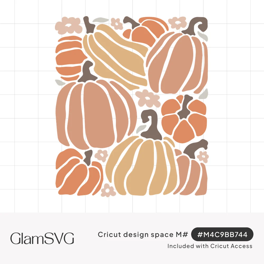Rectangular cluster of orange, peach and mustard pumpkins and gourds with brown stems and small pink flowers between them