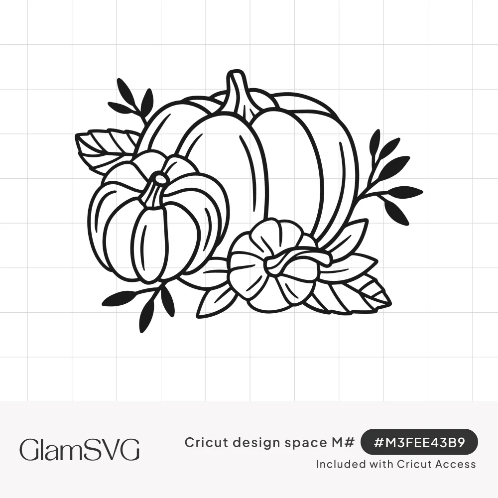 Black outline drawing of one large and two small pumpkins surrounded by leafy sprigs and a rounded flower