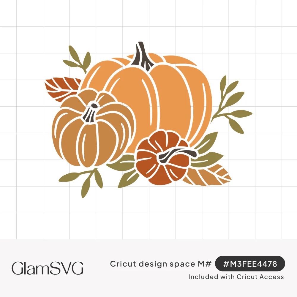 Three orange and rust pumpkins clustered with olive green sprigs and brown fall leaves, outlined in white lines