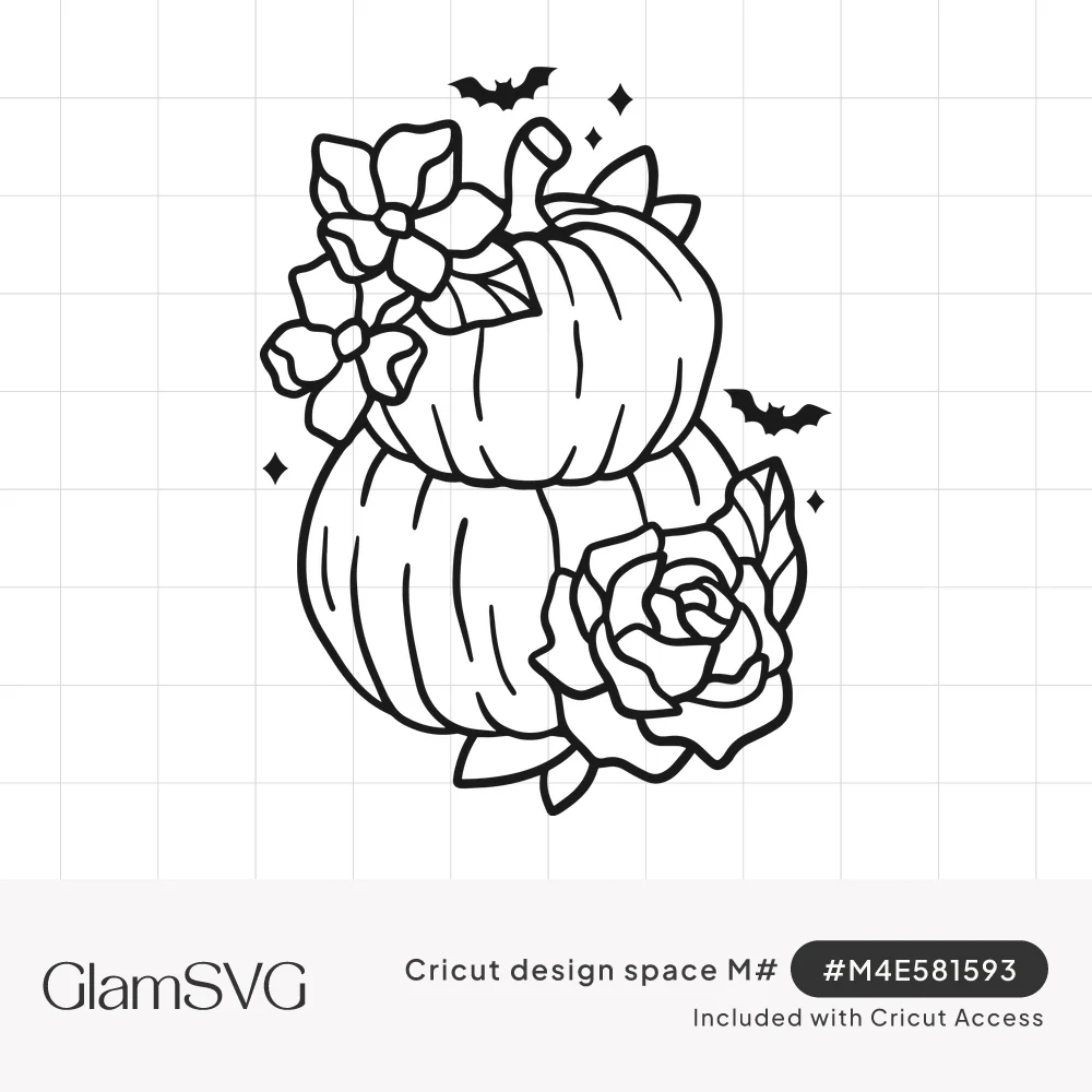 Line drawing of two stacked pumpkins with flowers and a rose, surrounded by small bats and sparkles