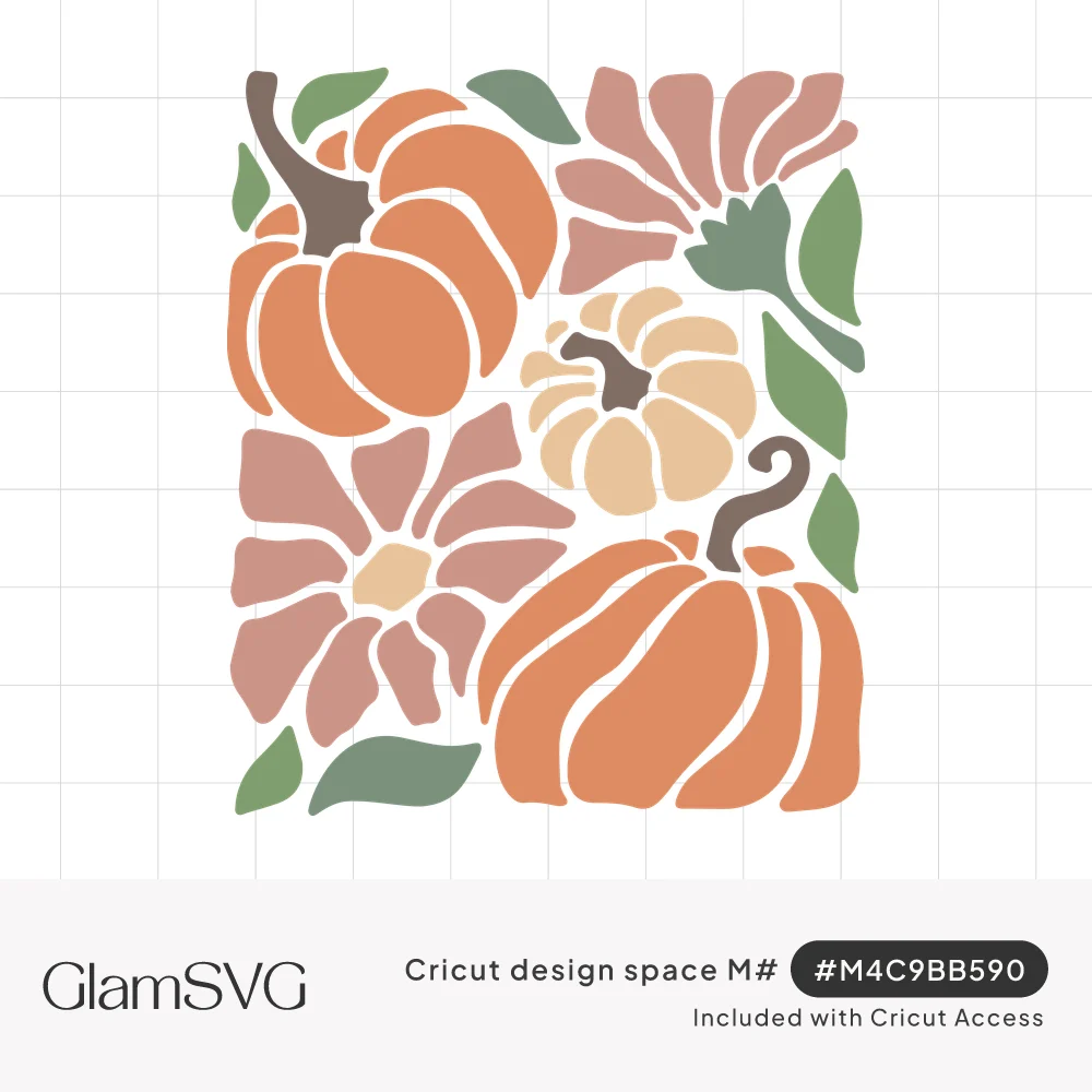 Boho fall artwork of orange and cream pumpkins with dusty pink flowers and sage green leaves in a rectangular block
