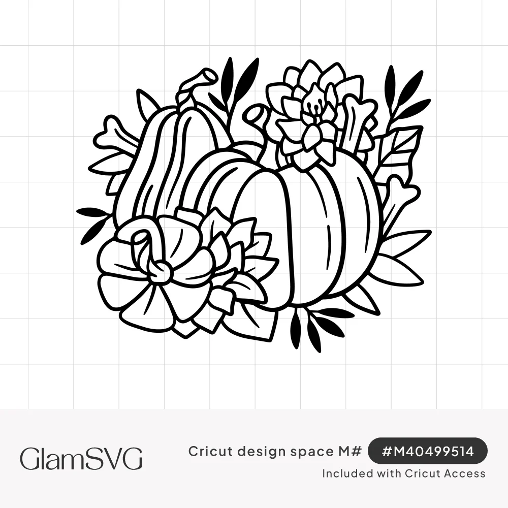 Black line art of pumpkins and a tall gourd surrounded by layered flowers and leaves in a fall arrangement