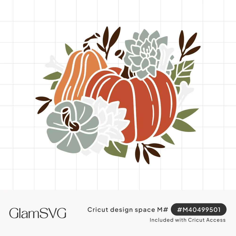 Layered illustration of orange, rust and sage green pumpkins surrounded by white flowers, a succulent and autumn leaves