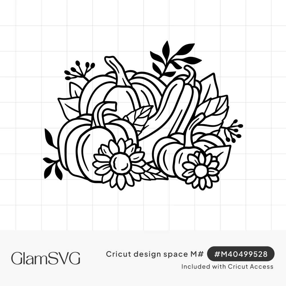 Black outline drawing of a pile of pumpkins and a curved gourd with two sunflowers, leaves and berry sprigs