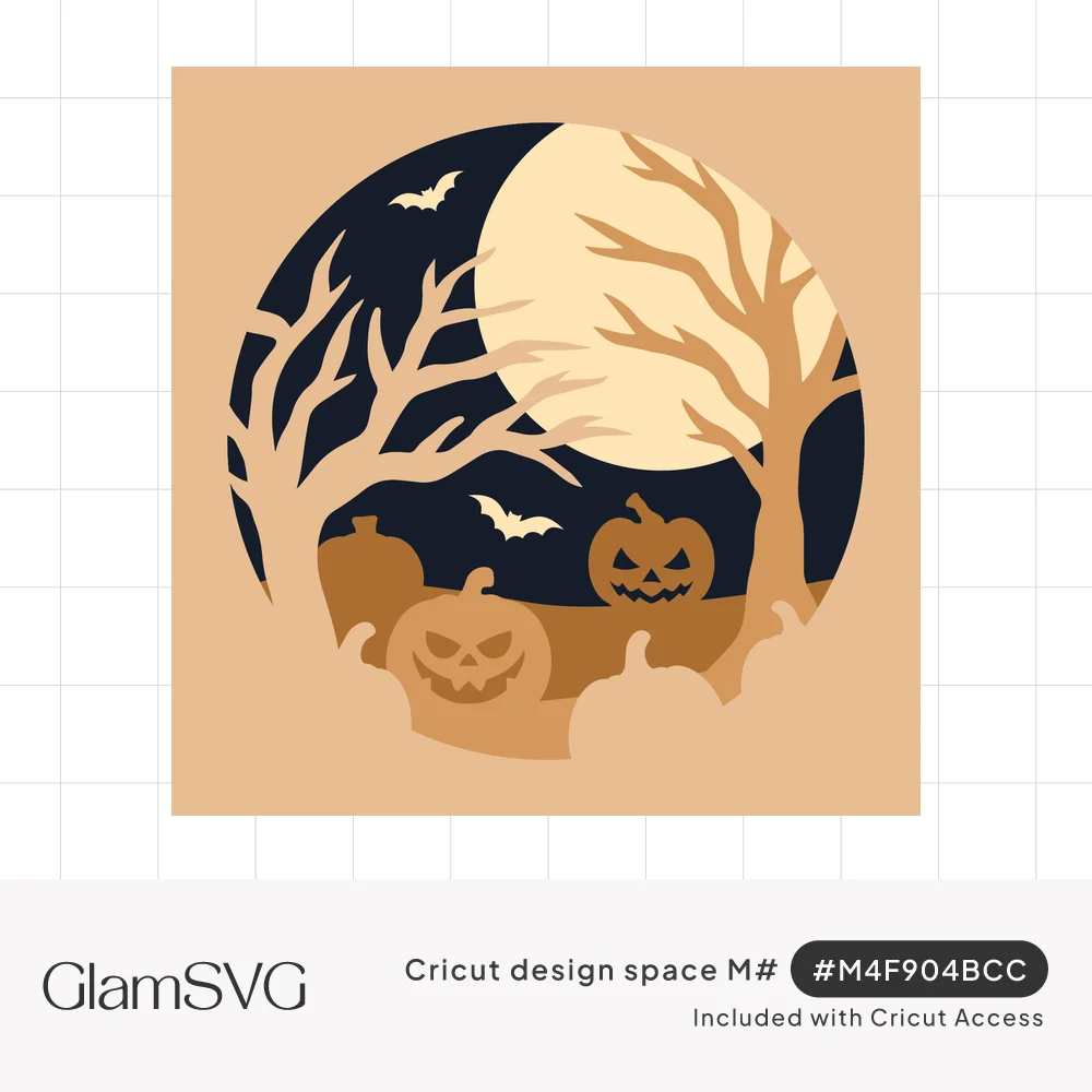 Layered circular Halloween scene with a full moon, bare trees, flying bats and carved jack-o'-lanterns among tombstones