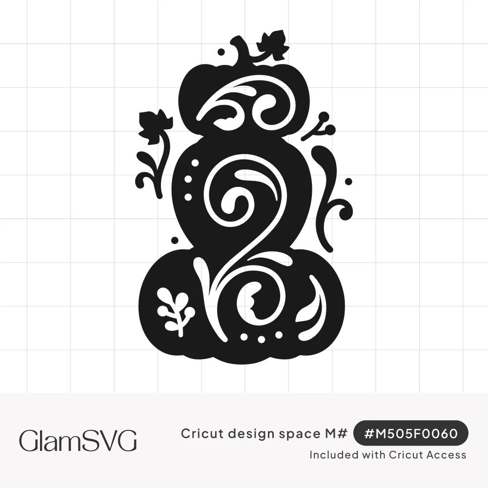 Black silhouette of three stacked pumpkins with decorative swirl cutouts, dots, curling vines and small leaves