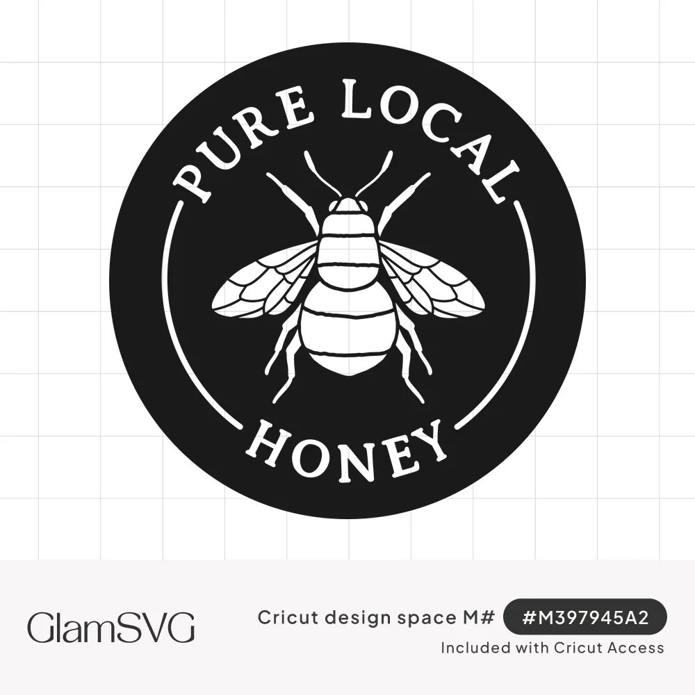 Black circular badge with a white detailed honey bee and arched text reading Pure Local Honey around it