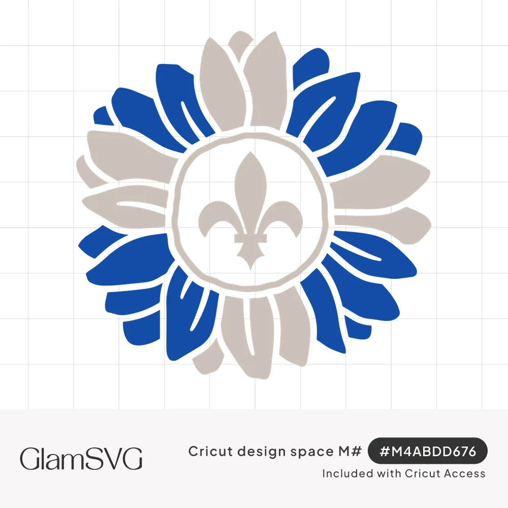 Sunflower with alternating royal blue and greige petals around a circular center with a greige fleur-de-lis