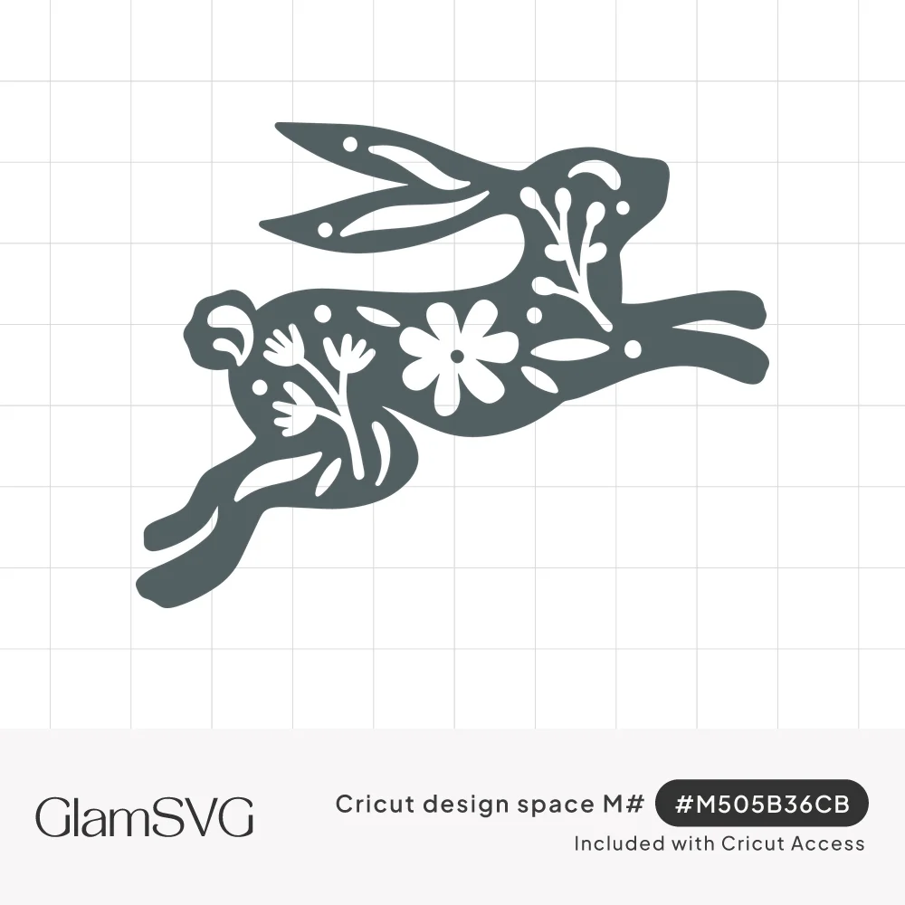 Slate gray silhouette of a leaping rabbit with a flower, leafy stems and dots cut out of its body