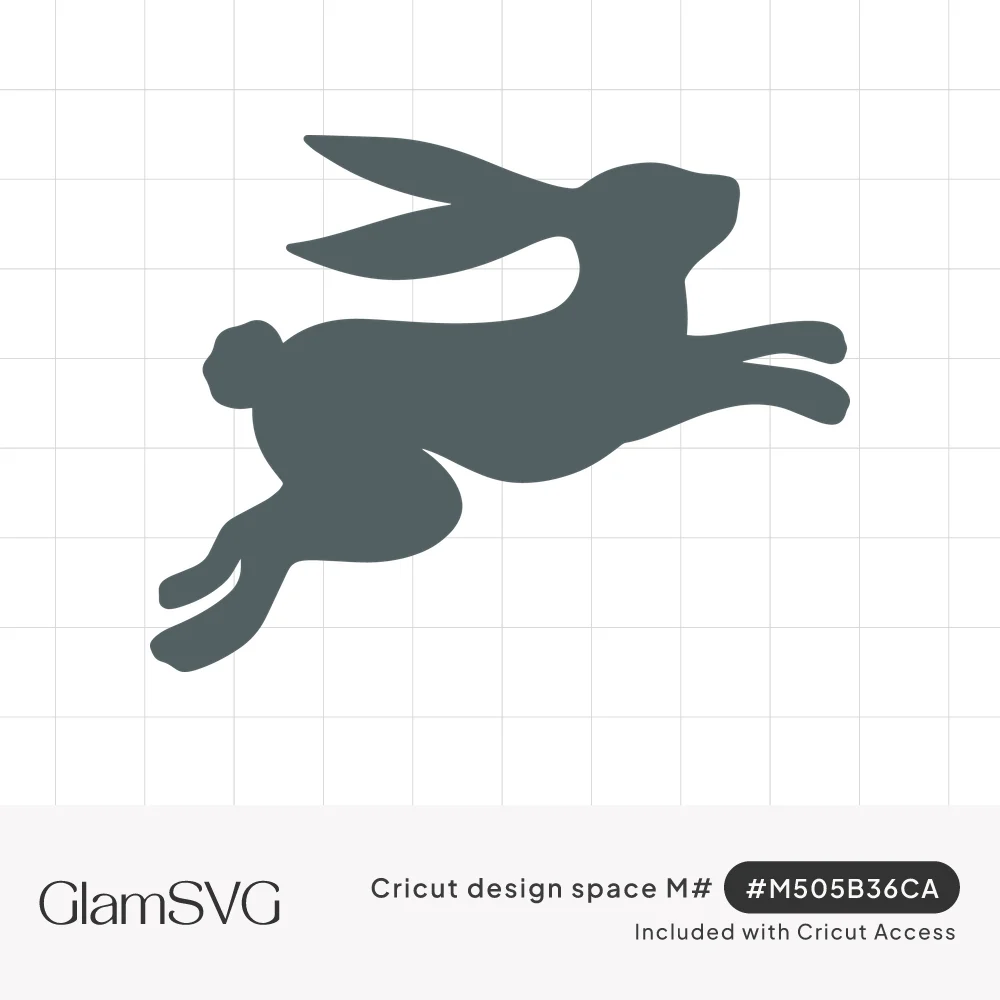 Solid gray silhouette of a rabbit leaping to the right with long ears swept back and legs fully stretched