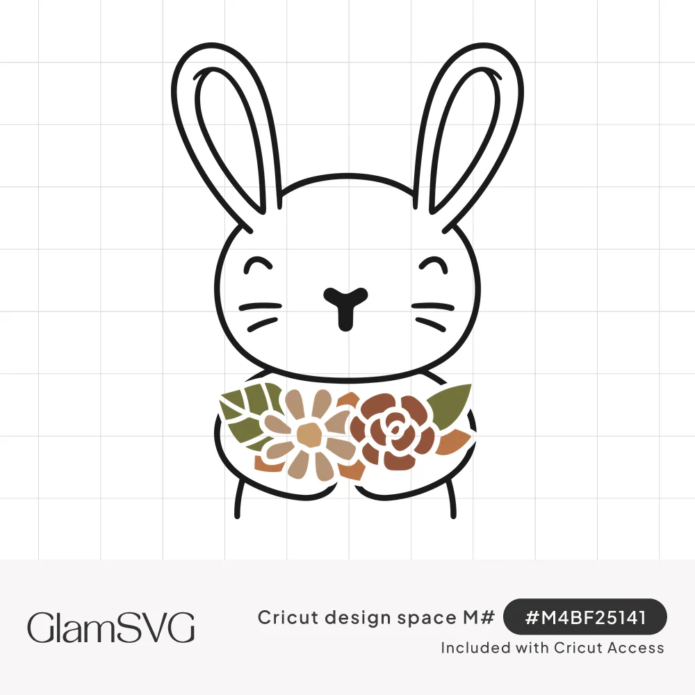 Line-drawn white bunny with long ears and closed smiling eyes holding a daisy, rose and green leaves