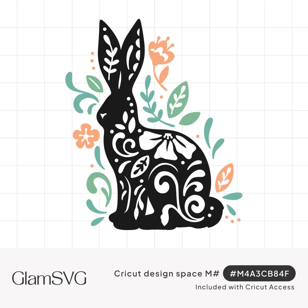 Black sitting rabbit silhouette with white floral cutout pattern, surrounded by coral flowers and green leaves