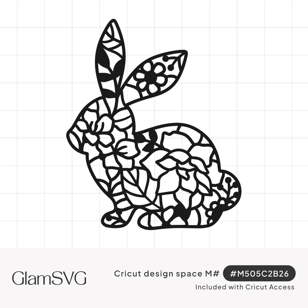 Black line art of a sitting rabbit in profile filled with intricate flowers and leaves cut out of the silhouette