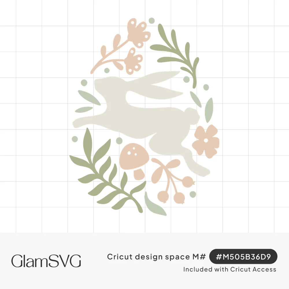Sage rabbit leaping inside an egg shape of green ferns, blush flowers, berries, and a small spotted mushroom