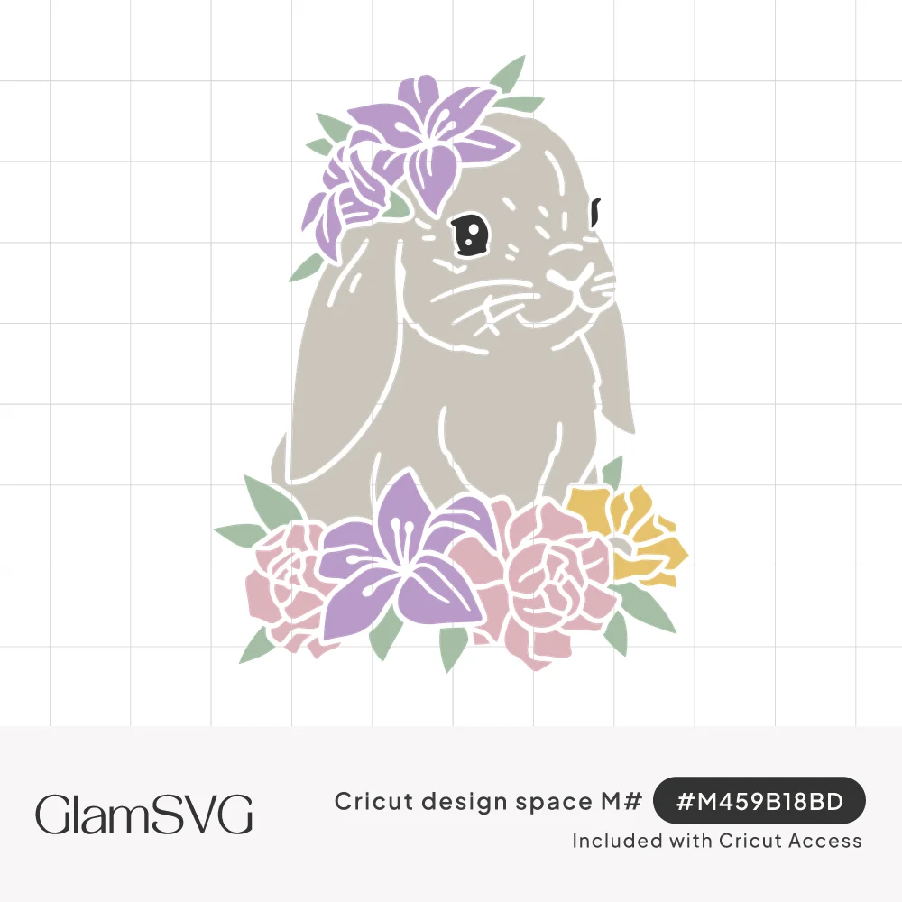 Gray lop-eared bunny with a purple lily by its ear, sitting above pink roses, purple lilies and a yellow flower