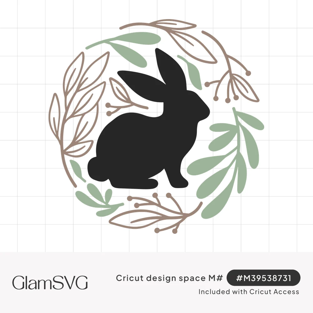 Black rabbit silhouette inside a circular wreath of sage green leaves and fine brown branches with berries