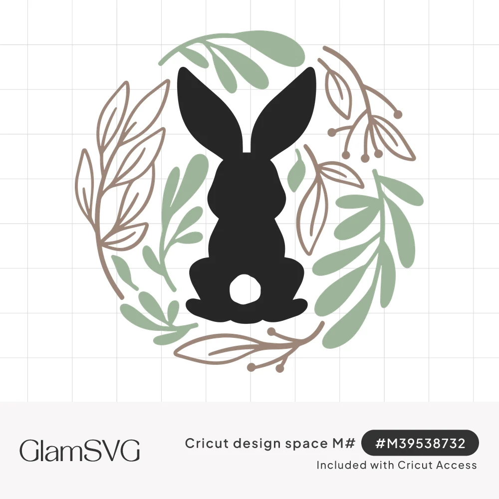 Black bunny silhouette from behind with a white cottontail, framed by a wreath of sage green leaves and taupe branches