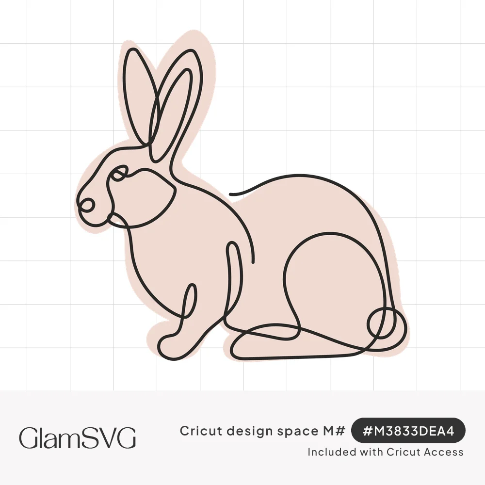 Continuous line drawing of a sitting rabbit with long ears and a curled tail over a soft blush pink shape