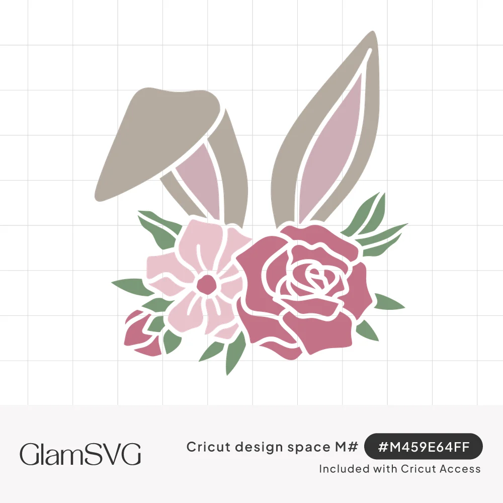 Taupe bunny ears with pink inner ears rising behind a pink rose, pale pink flower and green leaves