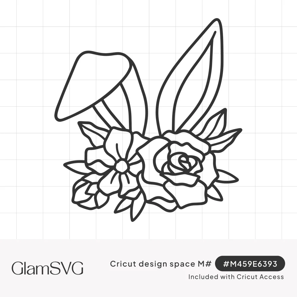 Line art of two bunny ears, one floppy and one upright, rising from a cluster of roses, a blossom and leaves