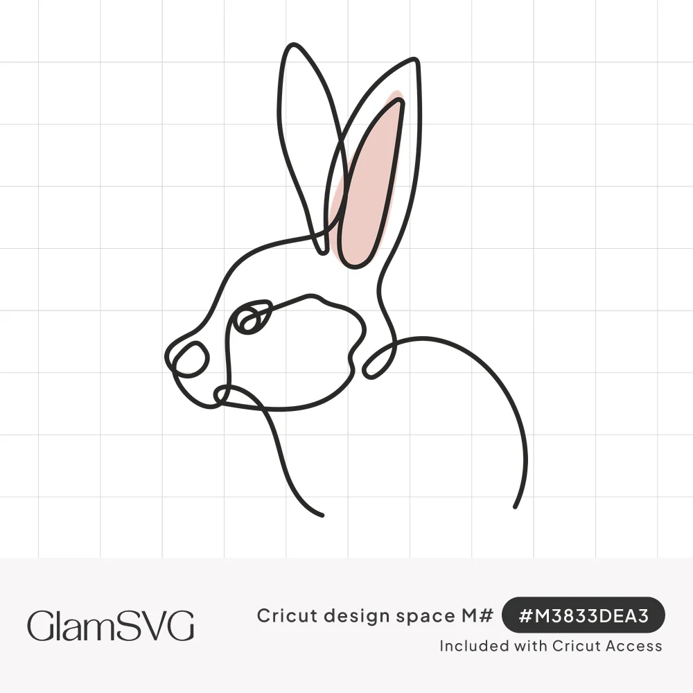 Continuous line drawing of a rabbit head and back with tall ears, one ear filled with soft pink