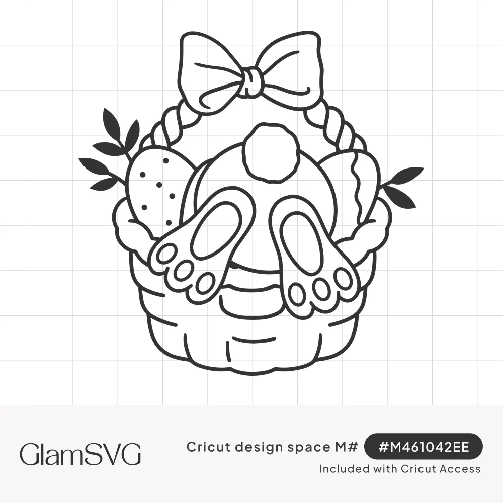 Black line art of a bunny diving into an Easter basket, showing its tail and feet among eggs, leaves and a bow