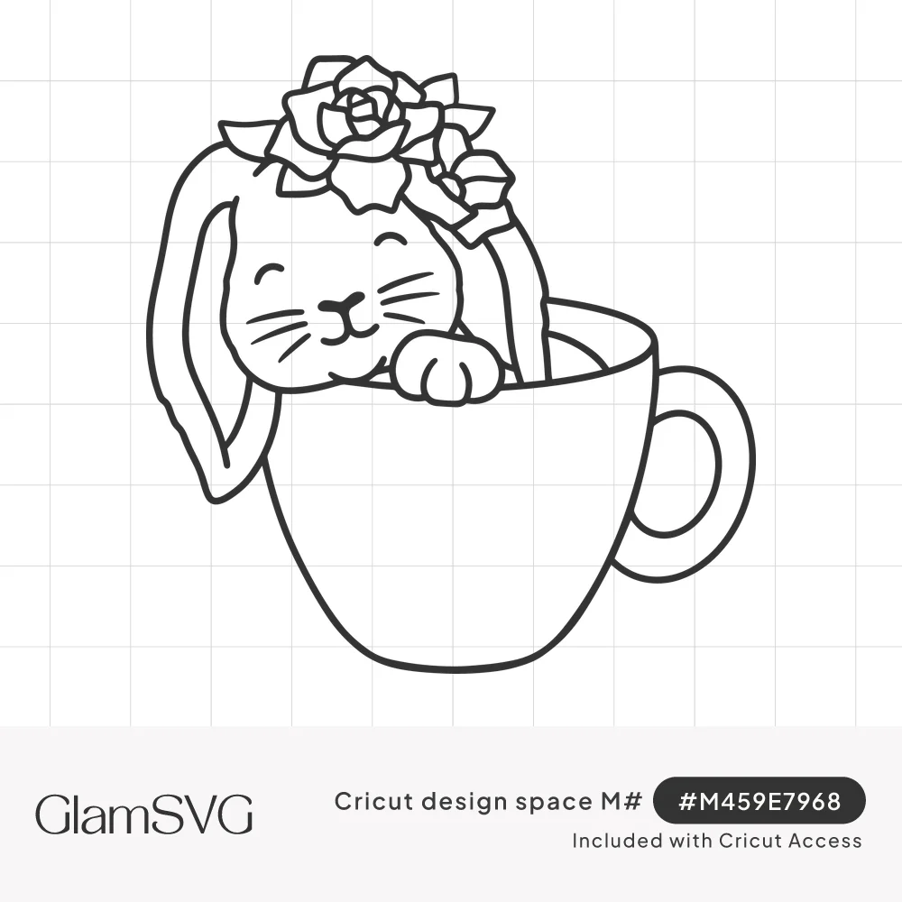 Line drawing of a smiling floppy-eared bunny wearing a rose crown, peeking out of a teacup with one paw on the rim