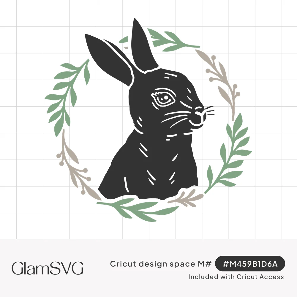 Hand-drawn black rabbit in profile surrounded by a circular wreath of sage green leaves and taupe berry sprigs