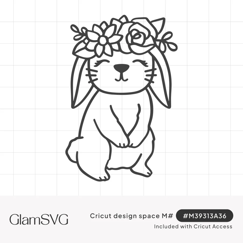 Line drawing of a smiling floppy-eared bunny standing with folded paws, wearing a crown of roses, daisies and leaves