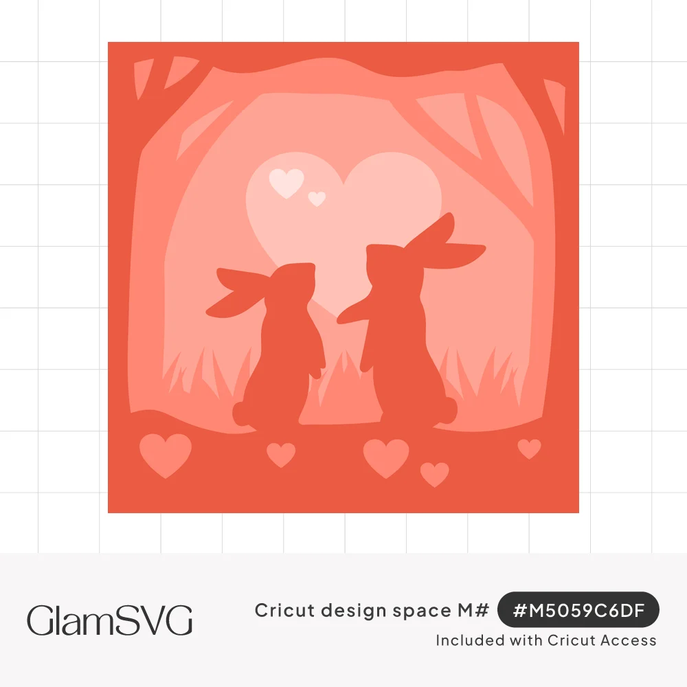 Layered coral shadow box of two rabbit silhouettes facing a heart-shaped moon under trees, with small hearts below