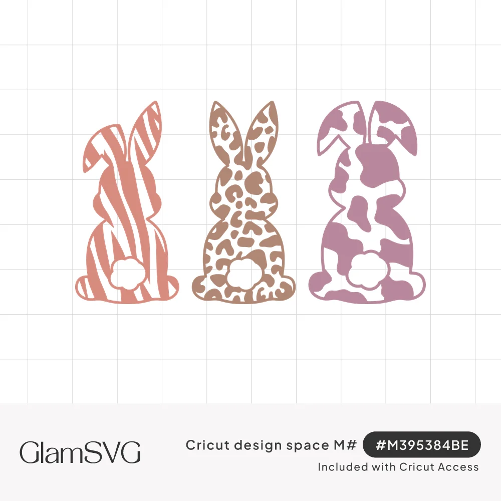 Three bunny silhouettes from behind in coral zebra stripes, tan leopard spots and mauve cow print with white cottontails
