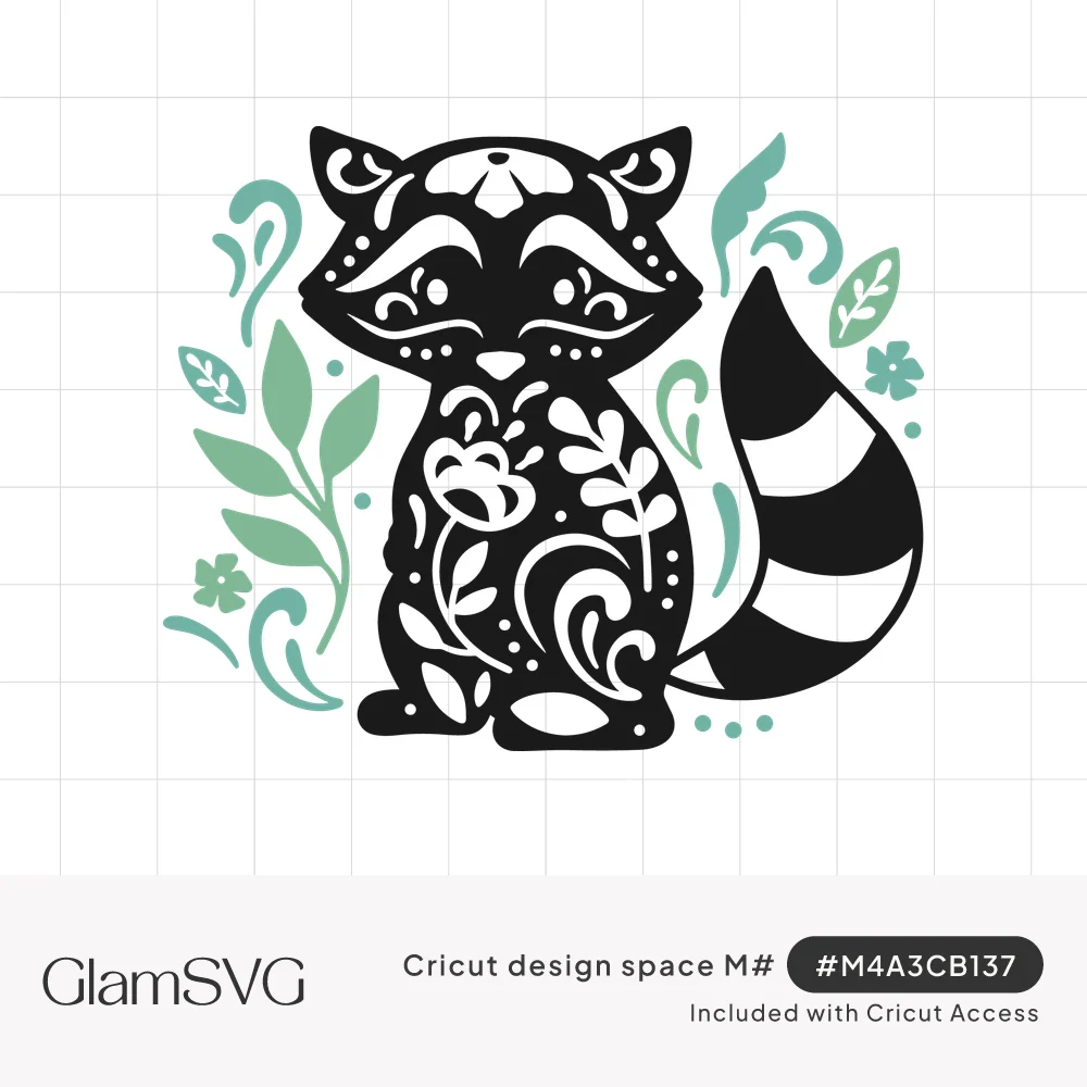 Black raccoon silhouette with folk art floral cutouts and a striped tail, surrounded by mint green leaves and flowers