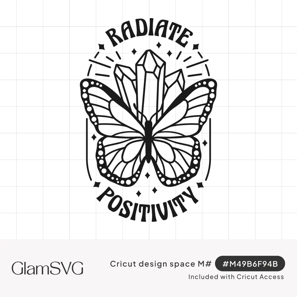 Black line-art butterfly over faceted crystals with sparkles, framed by arched text reading Radiate Positivity