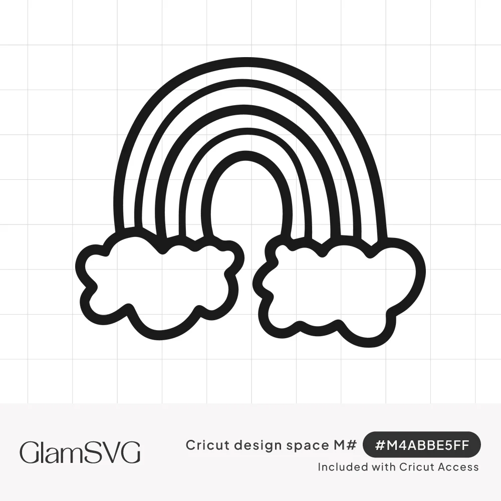 Black outline drawing of a three-arch rainbow with a fluffy cloud at each end